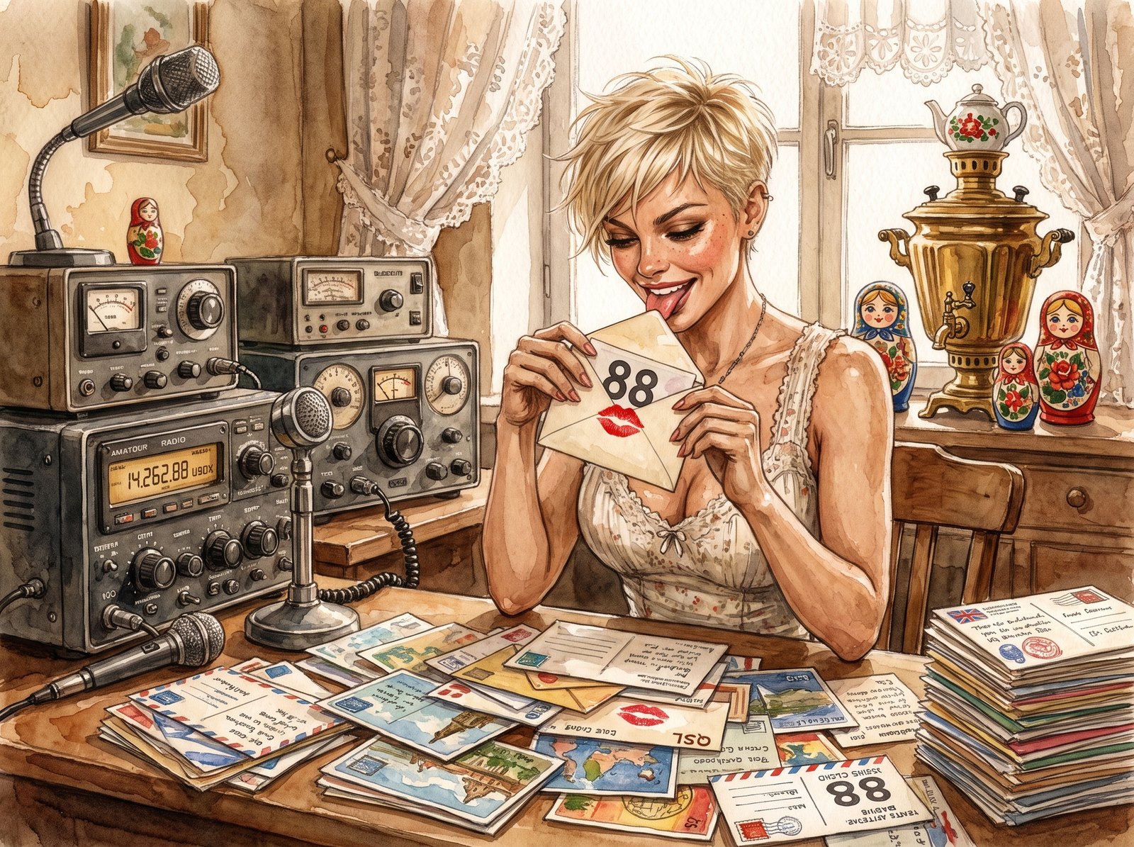 Iskra at her radio desk, sealing an envelope marked 88 with a kiss, surrounded by piles of QSL cards