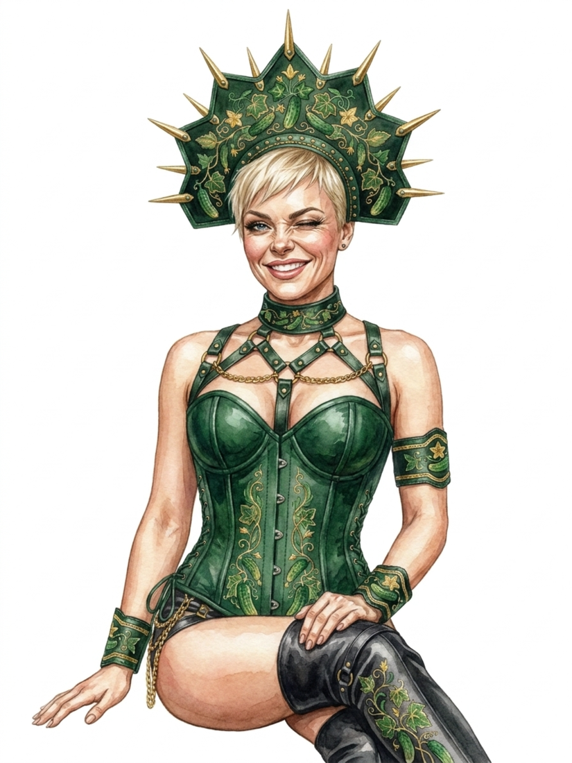 The Cucumber Queen costume: a kokoshnik crowned with gold spikes and painted cucumber vines, a green leather corset with gold embroidery, harness, cuffs and tall boots